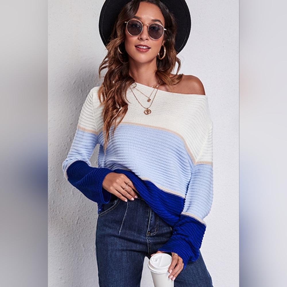 Stylish Blue and White Women's Ribbed Color Block Sweater